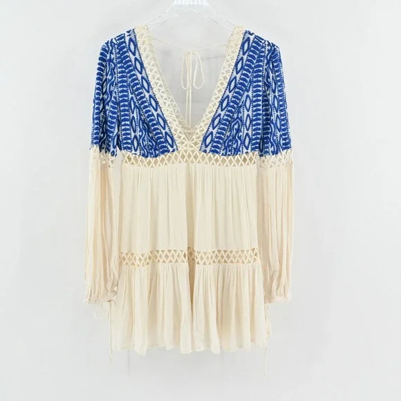 Free People Dusk Till Dawn Dress Sz 2 Blue Embroidered Bohemian Festival Tiered - Picture 2 of 15